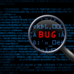 Magnifying glass showing word BUG in software code