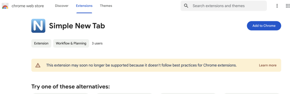 SimpleNewTab Chrome Web Store-waarschuwing