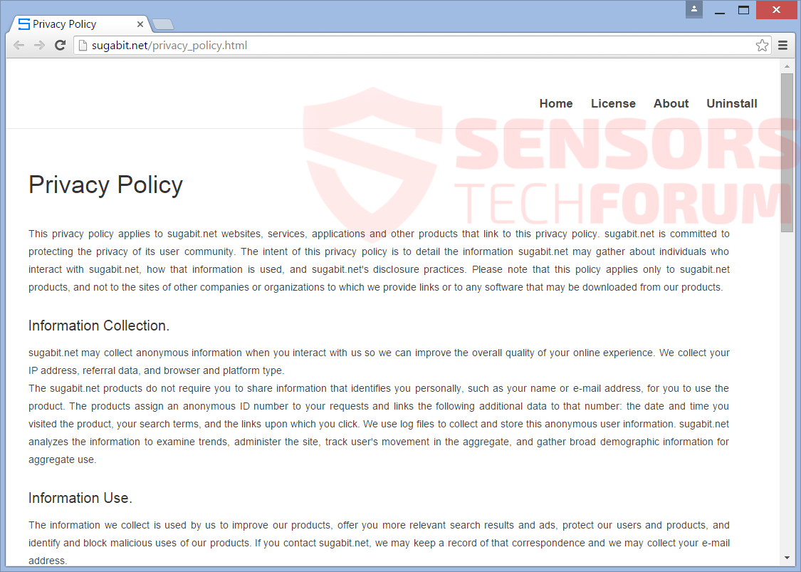 Informativa sulla privacy di SensorsTechForum-sugabit-net-browser-hijacker