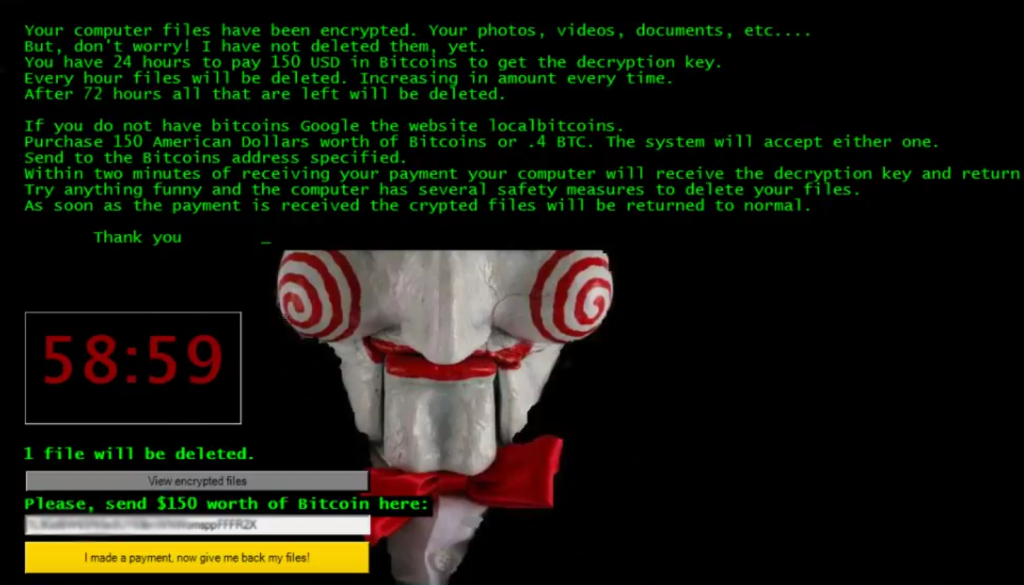 -A-jeu STF-puzzle-ransomware-scie le thème du cinéma-Cryptovirus-permet-play-screen-rançon message d'alerte