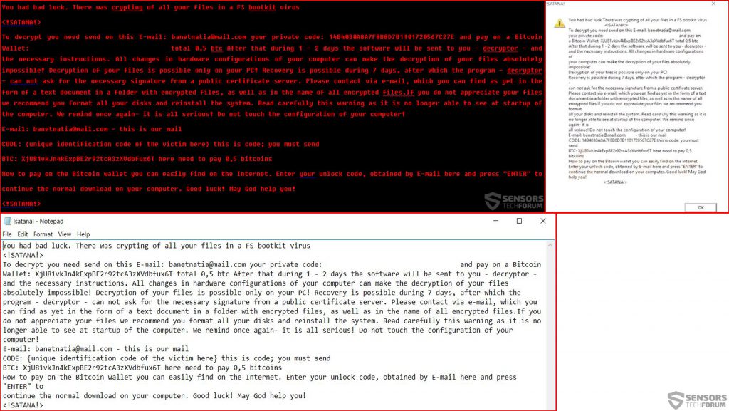 Satana-ransomware-boot-pop-up texte rançon note-sensorstechforum