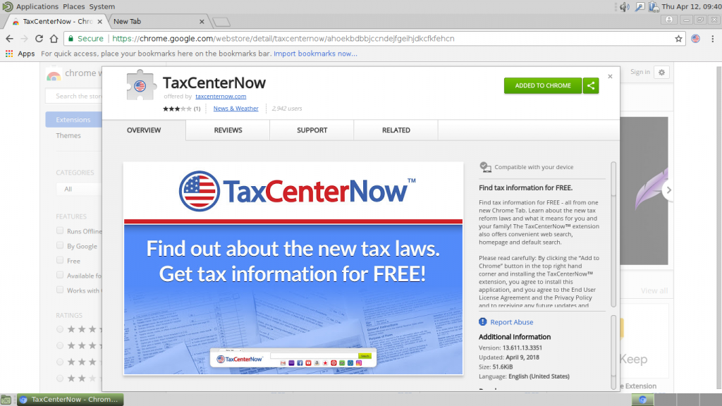 Entrada de extensão da loja da web do Chrome TaxCenterNow