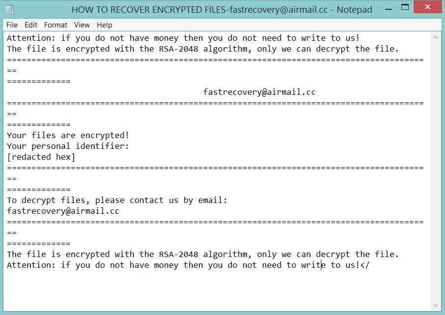 HOW TO RECOVER ENCRYPTED FILES-fastrecovery@airmail.cc.TXT ransom note Scarab ransomware