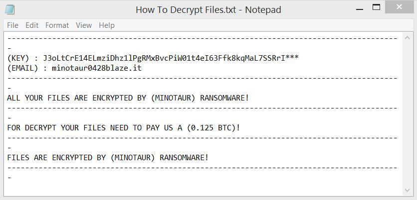 HowToDecryptFiles.txt ransom note dropped by Minotaur ransomware
