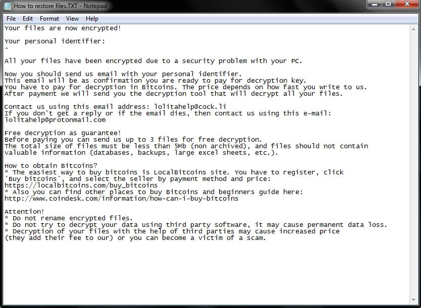 Fichiers virus Scarabée lolita ransomware Ransom Note fenêtre Bloc-notes