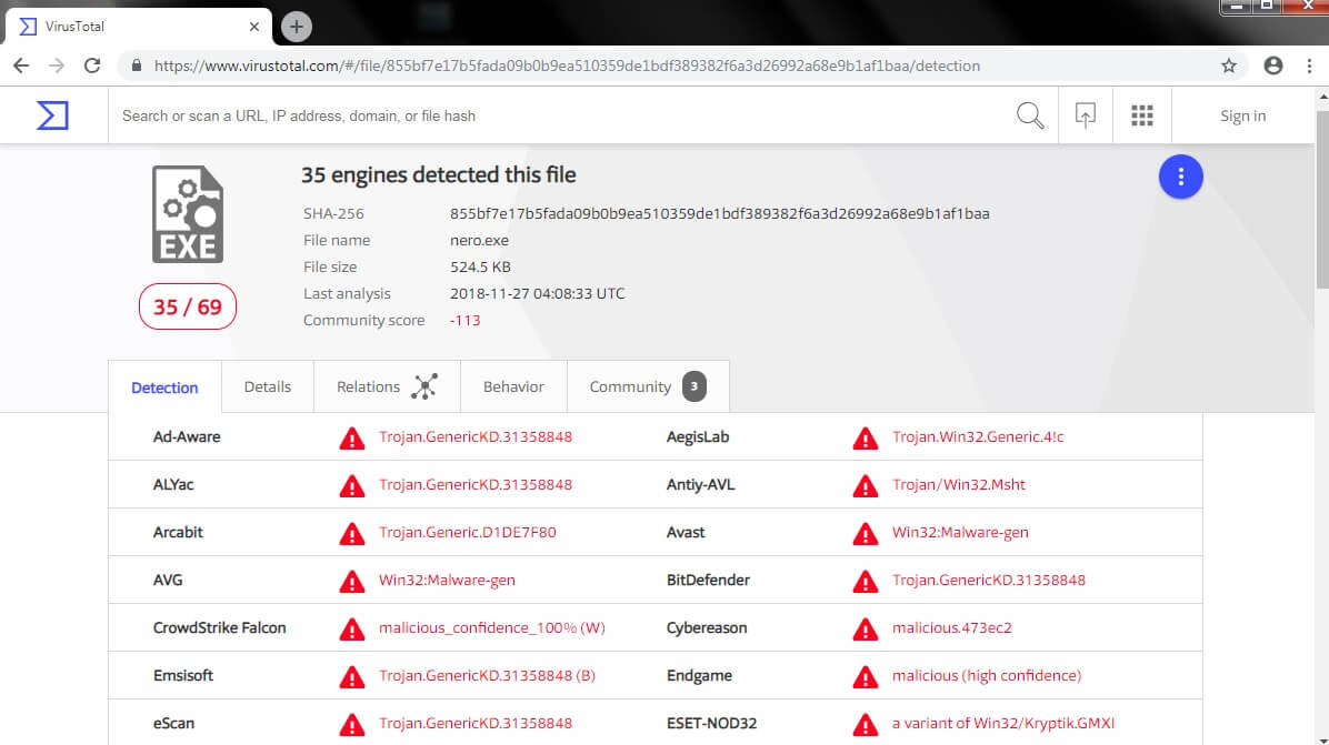 lolita archivos de detección de virus del escarabajo ransomware sitio de VirusTotal