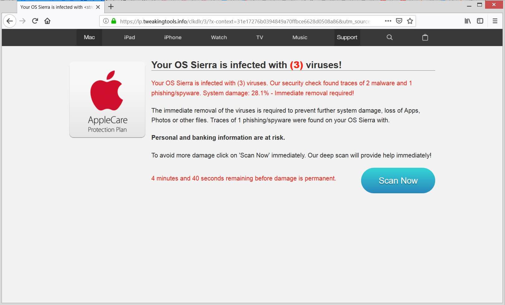 Your OS Sierra is infected with (3) viruses! scam message loaded by lp.tweakingtools.info website