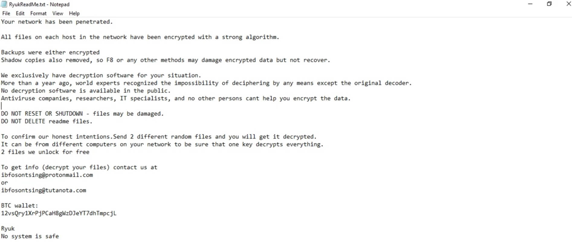 ryuk ransomware virus RYK extension ransom note