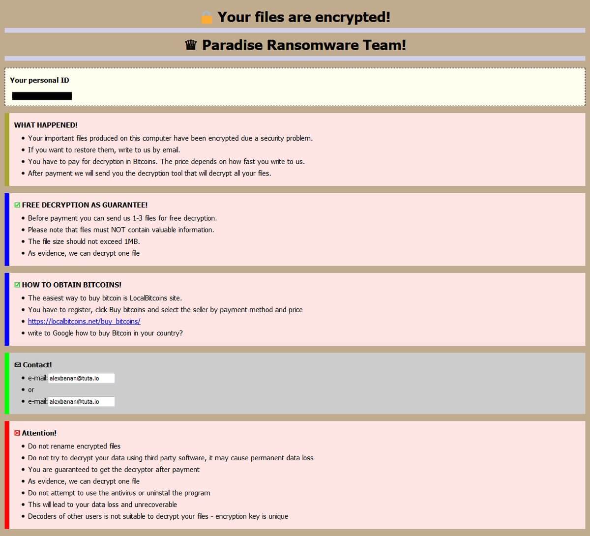 CORP files virus Paradise ransomware ransom note sensorstechforum removal guide