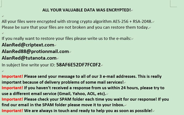 ransom note of .AL8P virus Matrix ransomware
