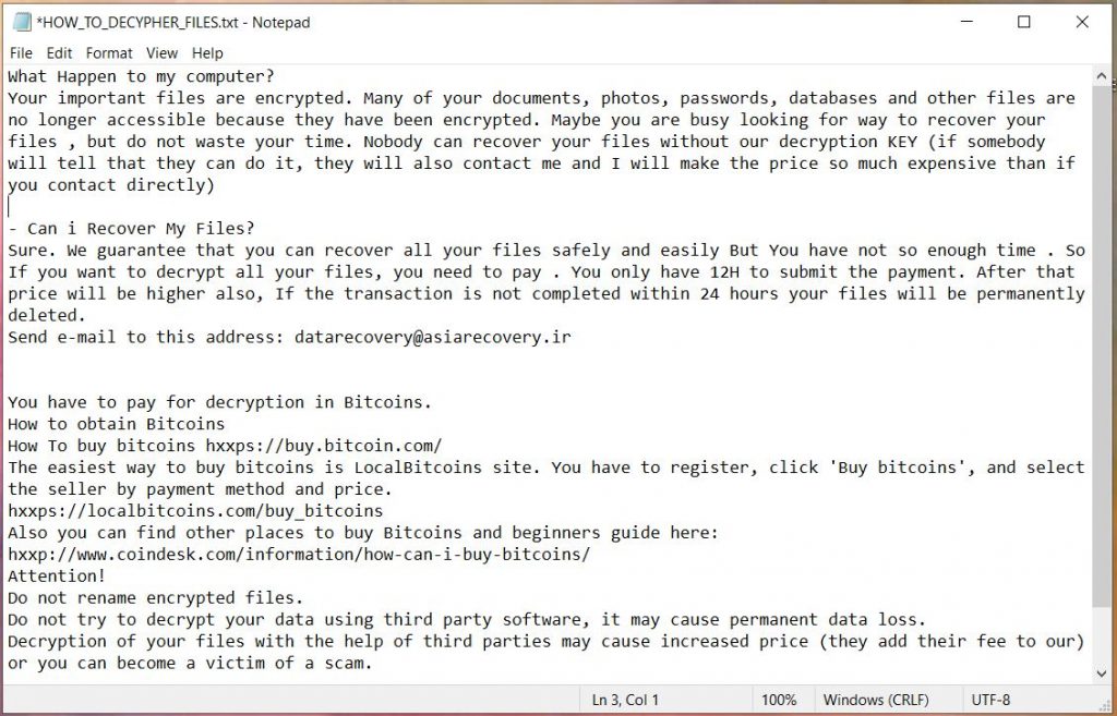 File txt HOW_TO_DECYPHER_FILES rilasciato da rastar ransomware