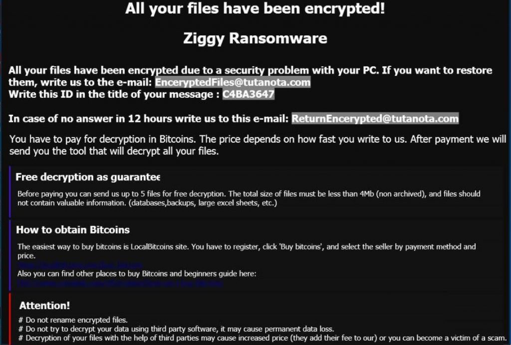 schermata della nota di ziggy ransomware