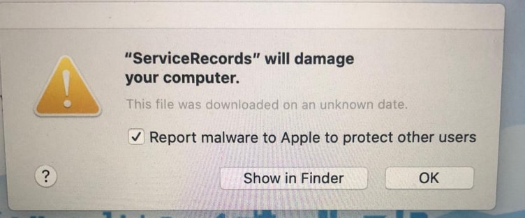 ServiceRecords dañará la ventana emergente de su computadora en mac