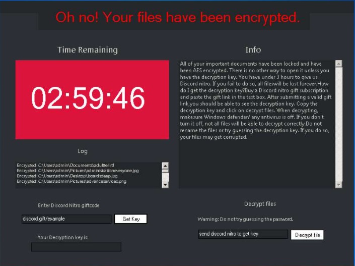 givemenitro virus files ransom note discord nitro gift ransom fee