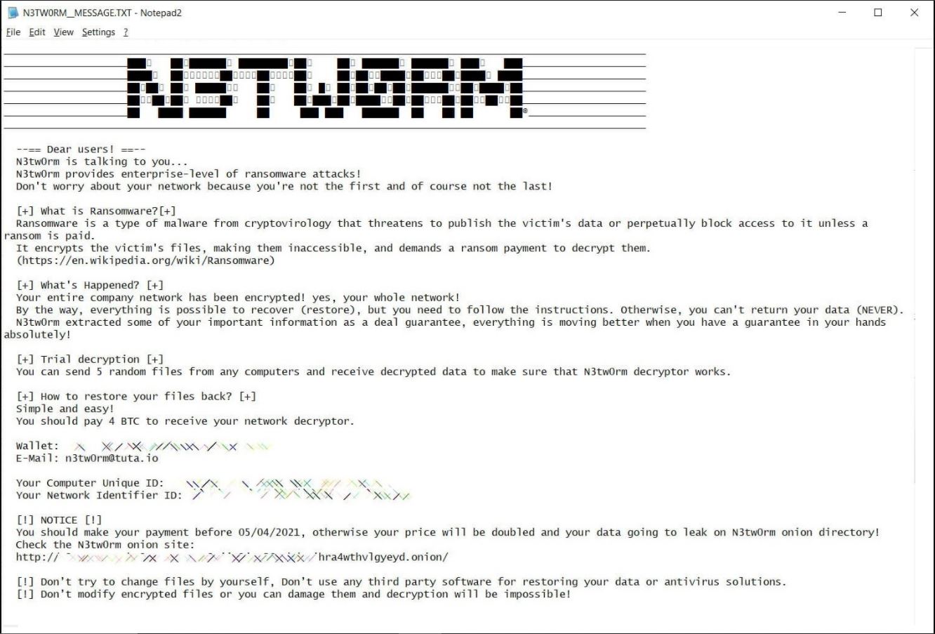 N3TW0RM ransomware virus ransom message