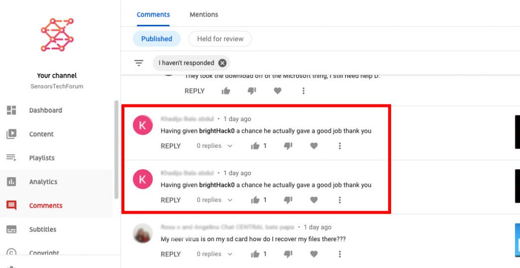 comentários de spam youtube