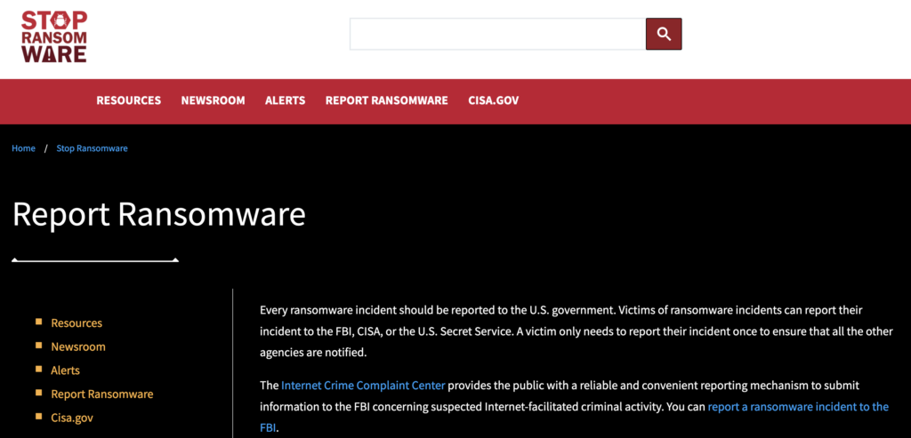 cisa's hjemmeside til rapportering af ransomware