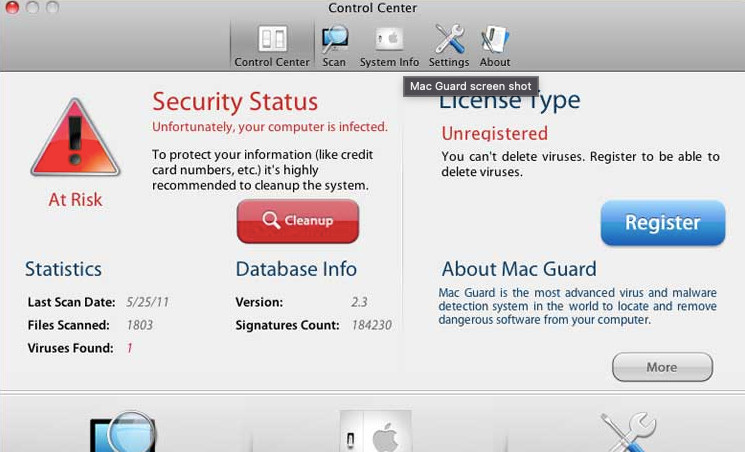 Schermata del virus Mac Guard