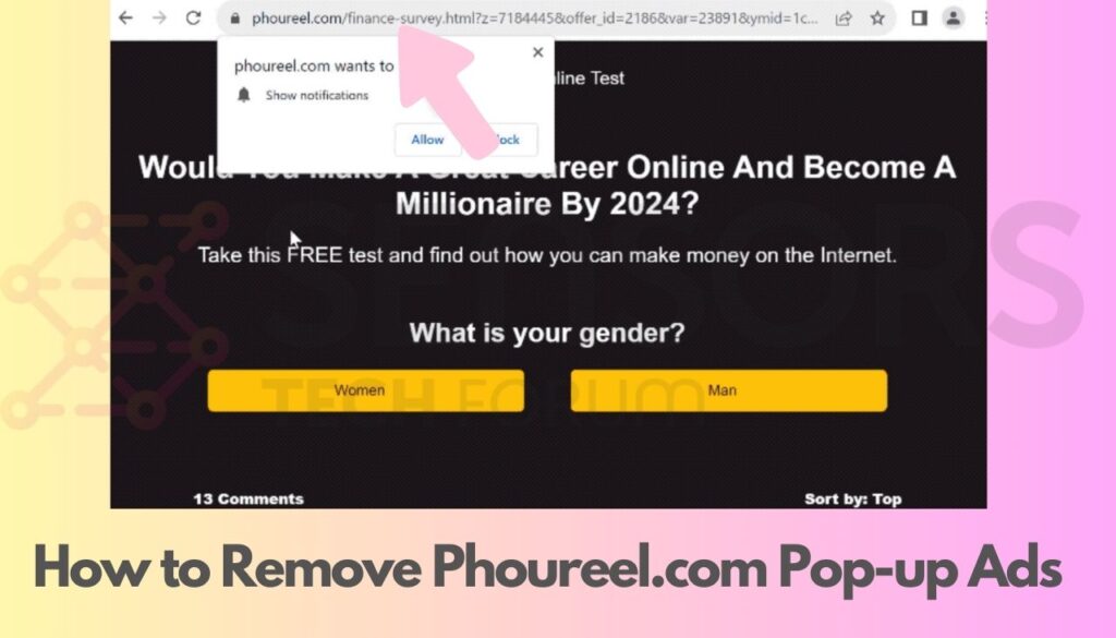 La imagen contiene una captura de pantalla de la estafa de encuesta financiera llamada Phoureel.com.