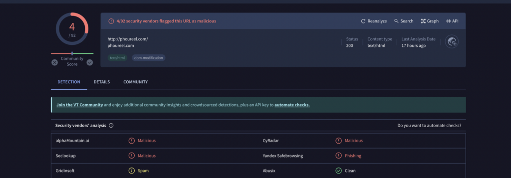 l'immagine contiene uno screenshot dello scanner URL di VirusTotal per Phoureel.com