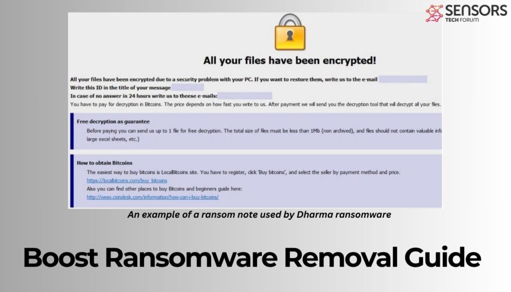 l'image contient une note de rançon du ransomware Dharma + Guide de suppression de Boost Ransomware