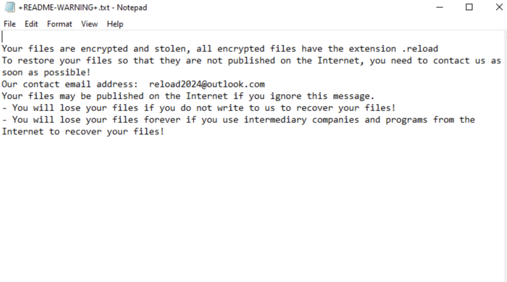 Screenshot of Reload ransomware ransom note