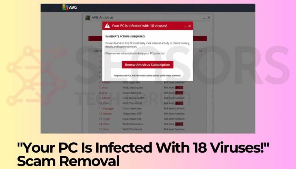 image contains screenshot of Your PC Is Infected With 18 Viruses! scam pop-up
