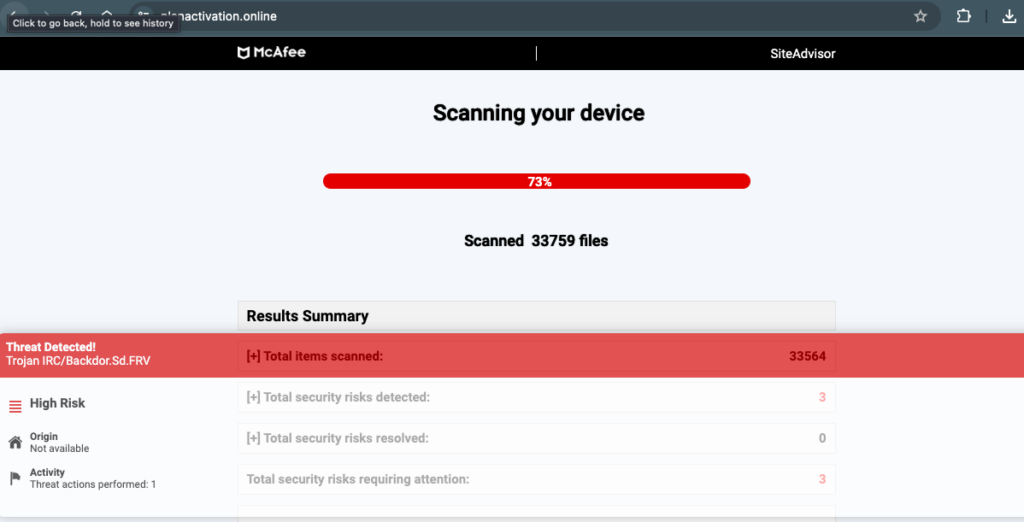 Planactivation.online fake scan virus mcafee