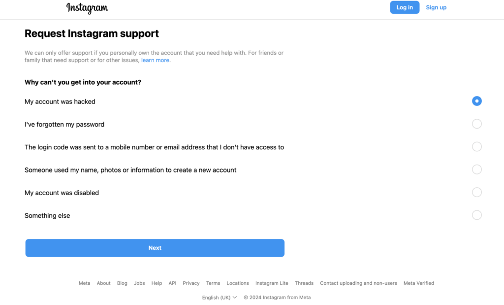 Instagram - report a hacked account