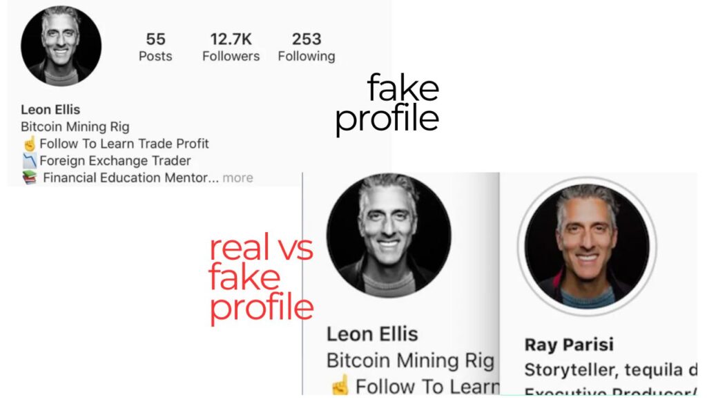 Exemplo de perfil real vs falso no Instagram