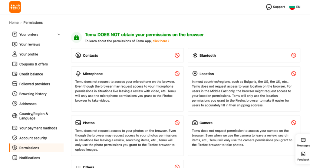 detalhes de privacidade da conta temu