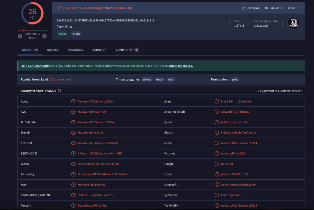 Lista total de detecciones del virus Capmaking.app