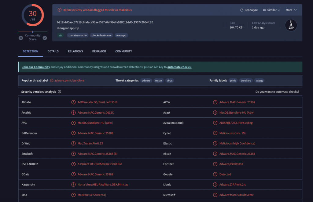 Stringent.app Virustotal detection