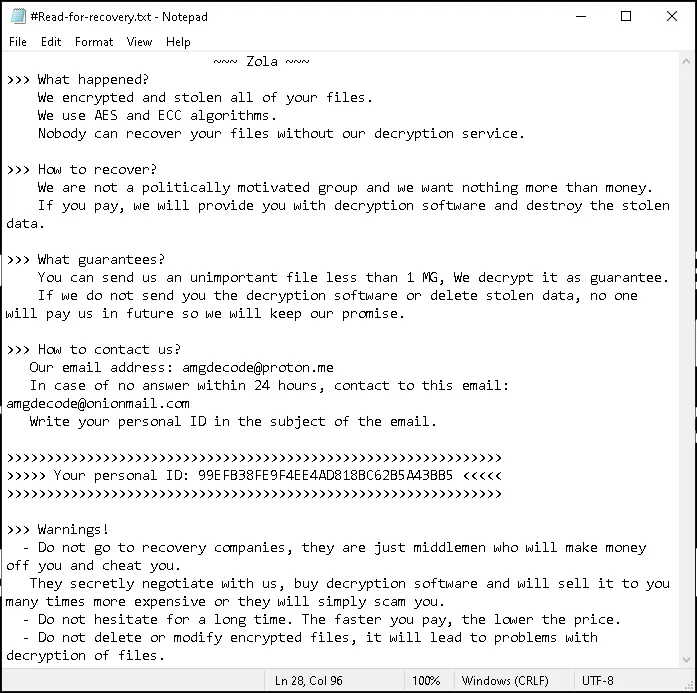 Zola ransomware ransom note