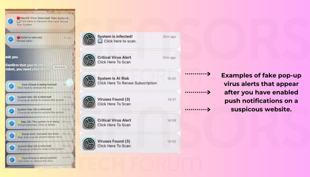 Examples of fake pop-up virus alerts