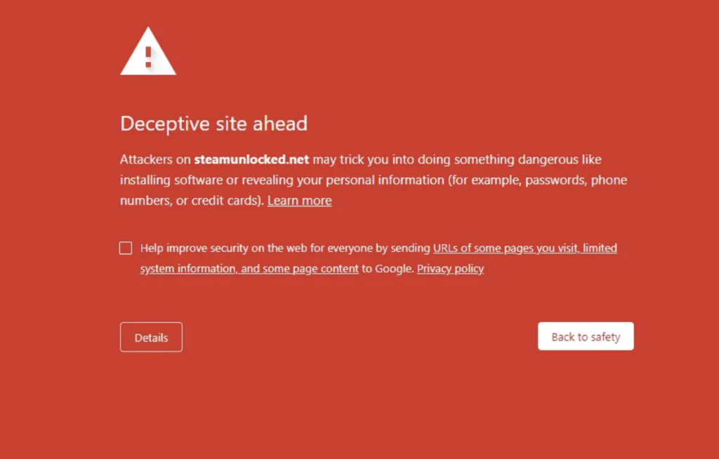 SteamUnlocked-browserwaarschuwing