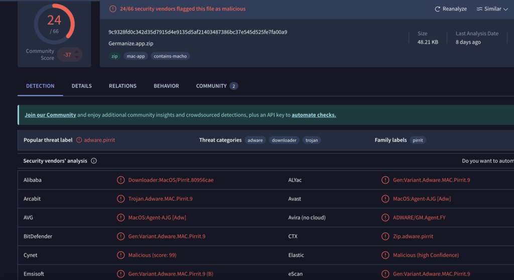 Germanize.app Virustotal detection