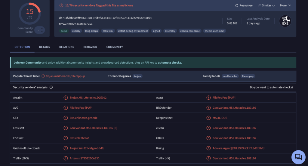 MYWeb Watch Redirect VirusTotal detection