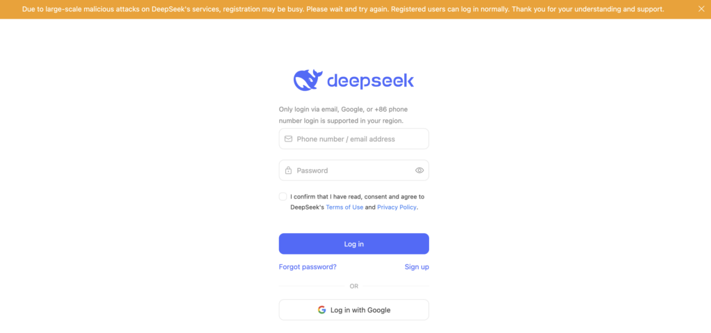 DeepSeek AI não consegue registrar