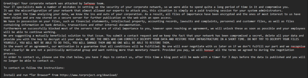 Ransomware Safepay - nota de rescate